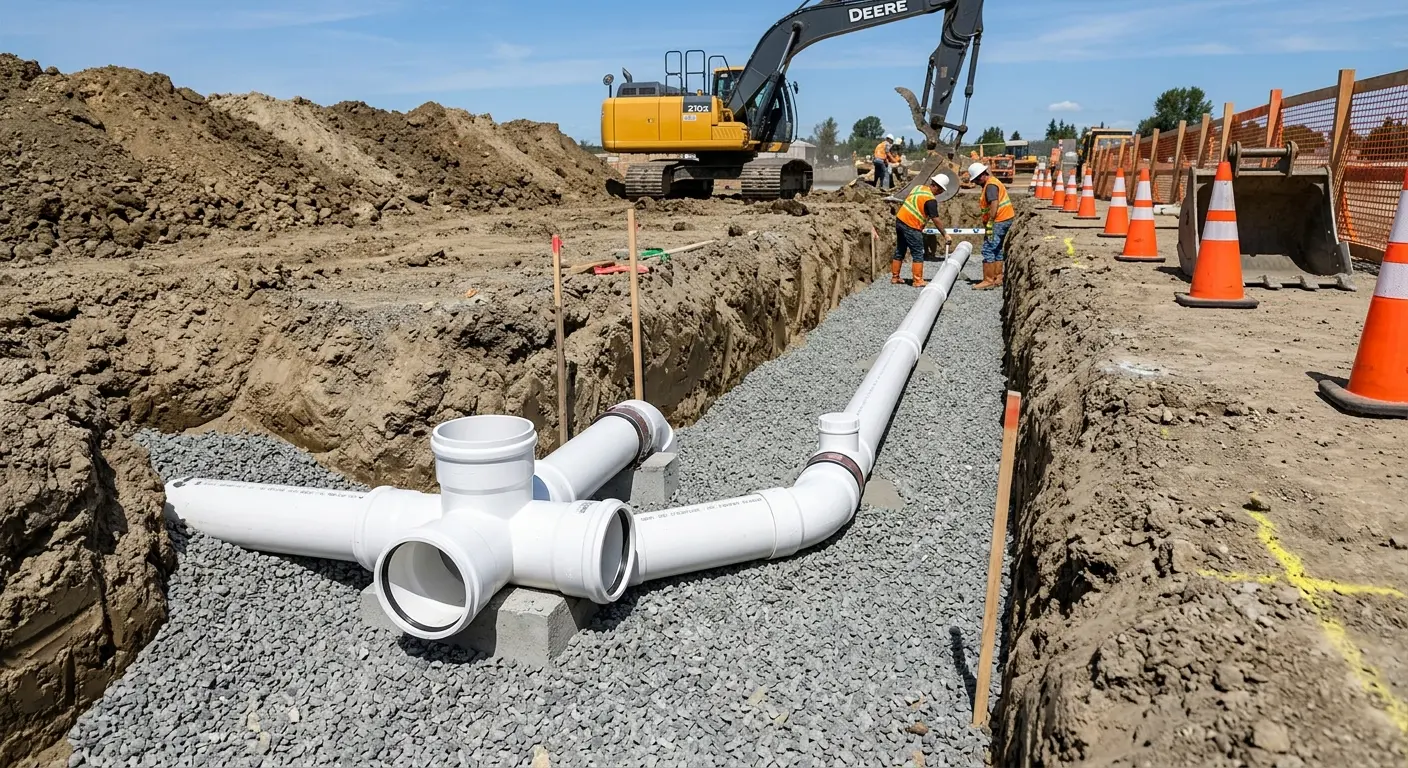 New PVC sewer pipe installation in open trench for Sewer Backup in Roosevelt