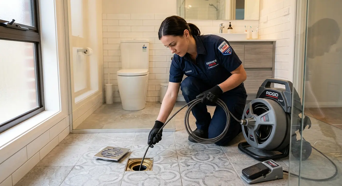 Technician clearing a bathroom floor drain for Sewer Line Replacement in Roosevelt